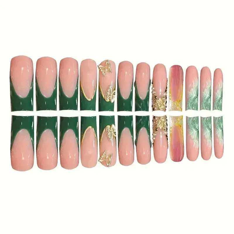 24Pcs Green French Fake Nails with Diamond Gold Butterfly False Nails Elegant Acrylic Artificial Nails Wearable Long Square NailXJ250110
