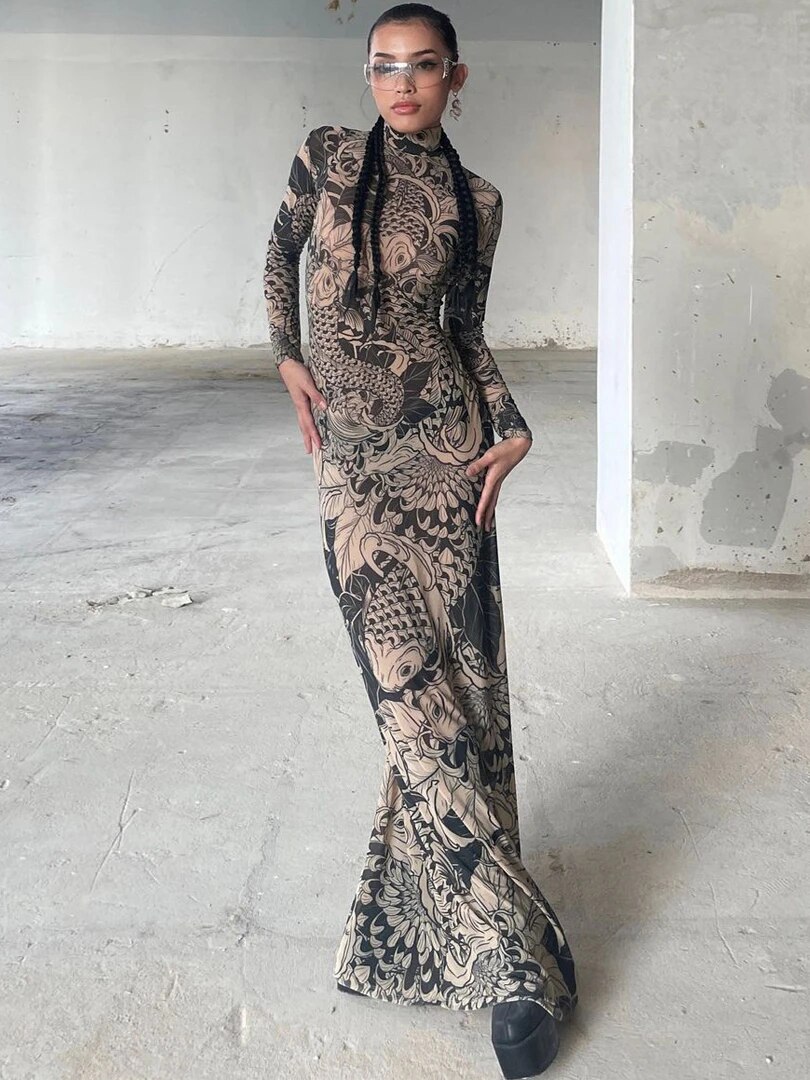 Hawthaw Women 2023 Autumn Winter Long Sleeve Mesh See Through Streetwear Bodycon Long Dress Wholesale Items For Business