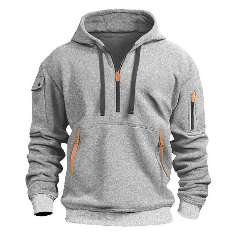 Autumn and Winter Mens Casual Sports Multi Zipper Pocket Sweater Pullover Hoodie Street Clothing Thin Wool Contrast Color W250110