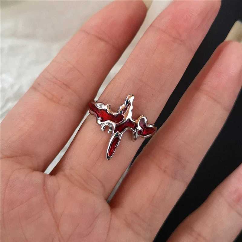 Gothic punk retro red crystal love cross geometric irregular open ring set Y2K Halloween women Kpop jewelry accessories W250111