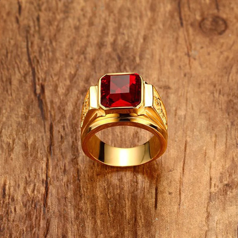 Classic Big Red/Blue Rhinestone Stone Rings For Men Jewelry Gold Color Stainless Steel Party Male Bands 250110
