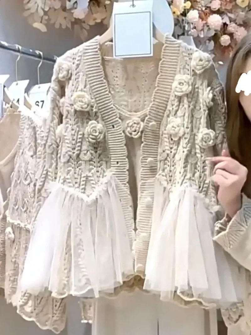 3D Flowers Crocheted Mesh Ruffles Stitching Sweater Coat Gauze Ruched Spliced Hooked Knitted Cardigan KnitwearCamis 2pcs Women 250106