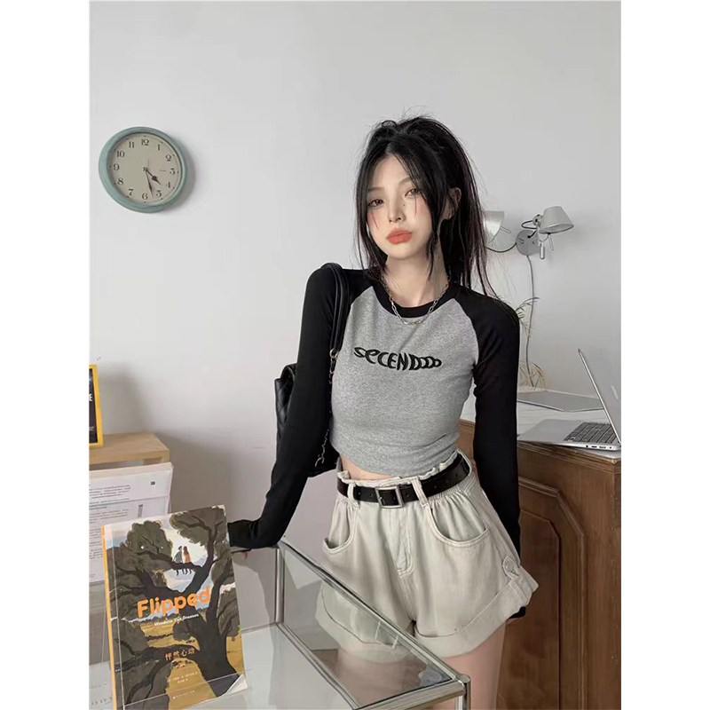 Patchwork Long Sleeve Tshirt Women Embroidery Crop Top Femal