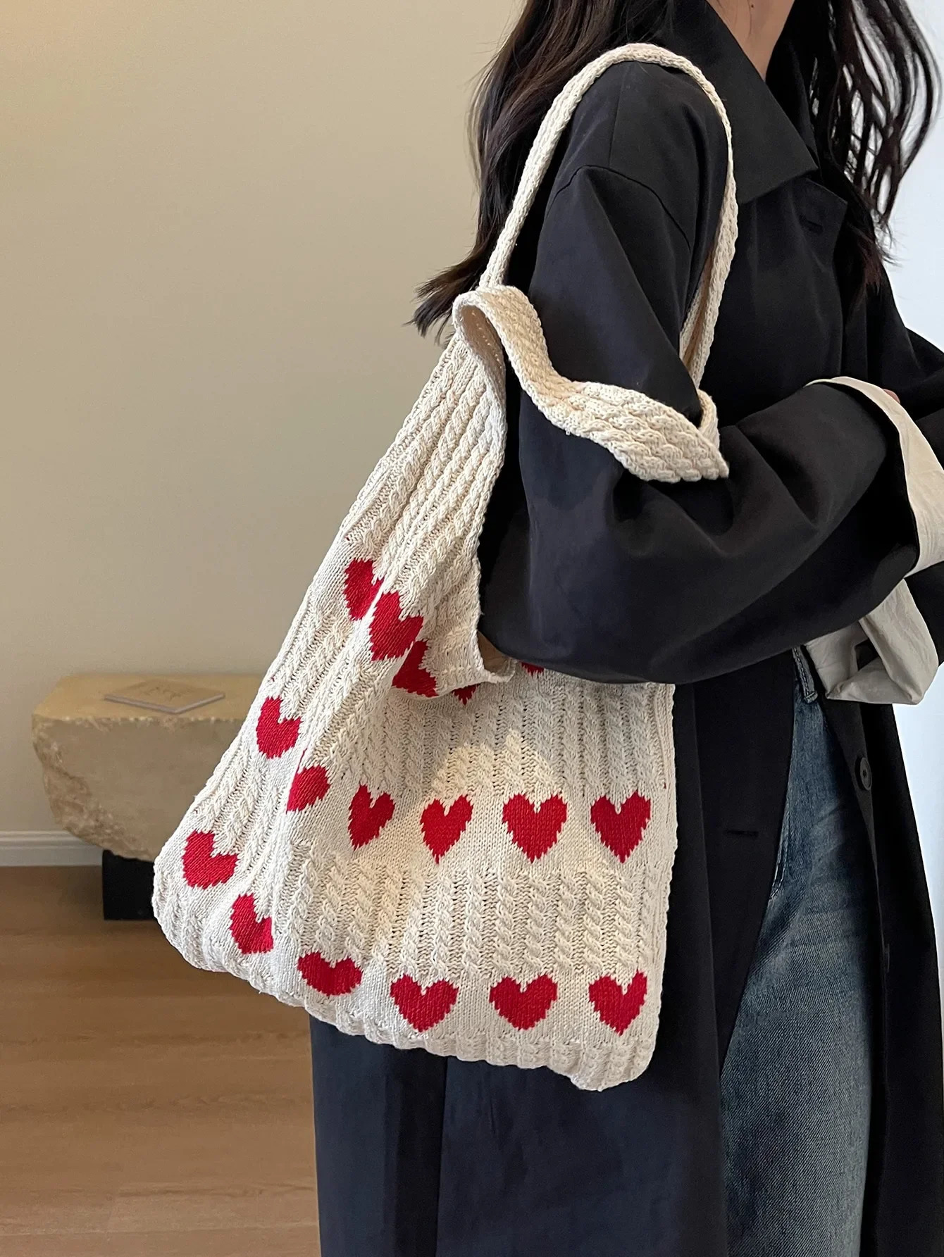 1pc Heart Pattern Color Blocking Crochet Handbag Shoulder Bag Large Capacity Fashion Beach Versatile Commute 250107