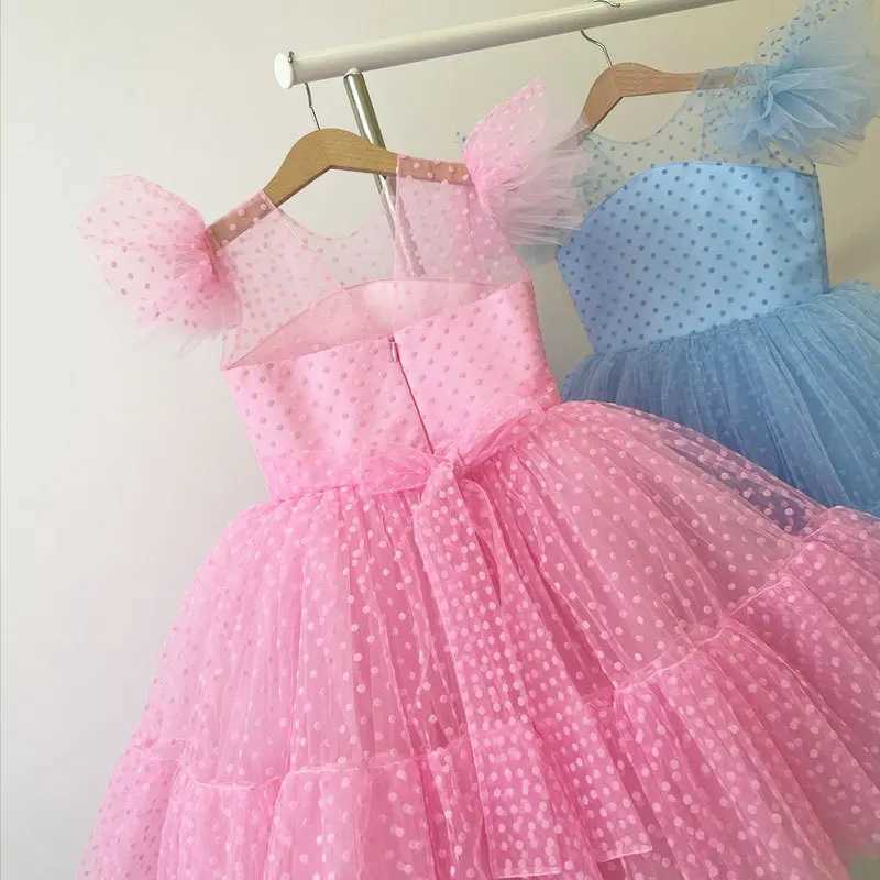 Childrens polka dot pink mesh dress floral girl wedding Tutu fluffy Vestidos princess birthday party dress W250111