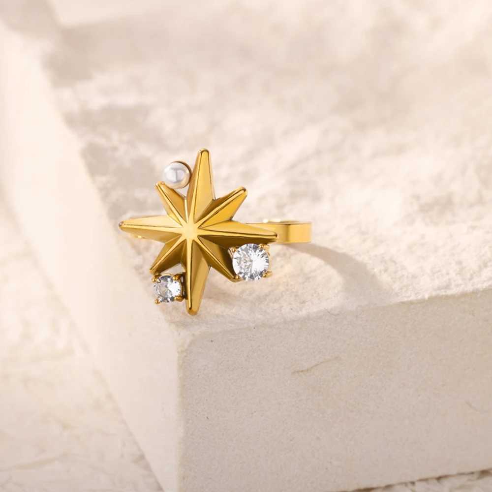 Elegant Zircon Pearl Stainl Steel Gold Plated Ring for Women Open Adjustable Star Geometry Jewelry Accory Tren 2025 NewXJ250110