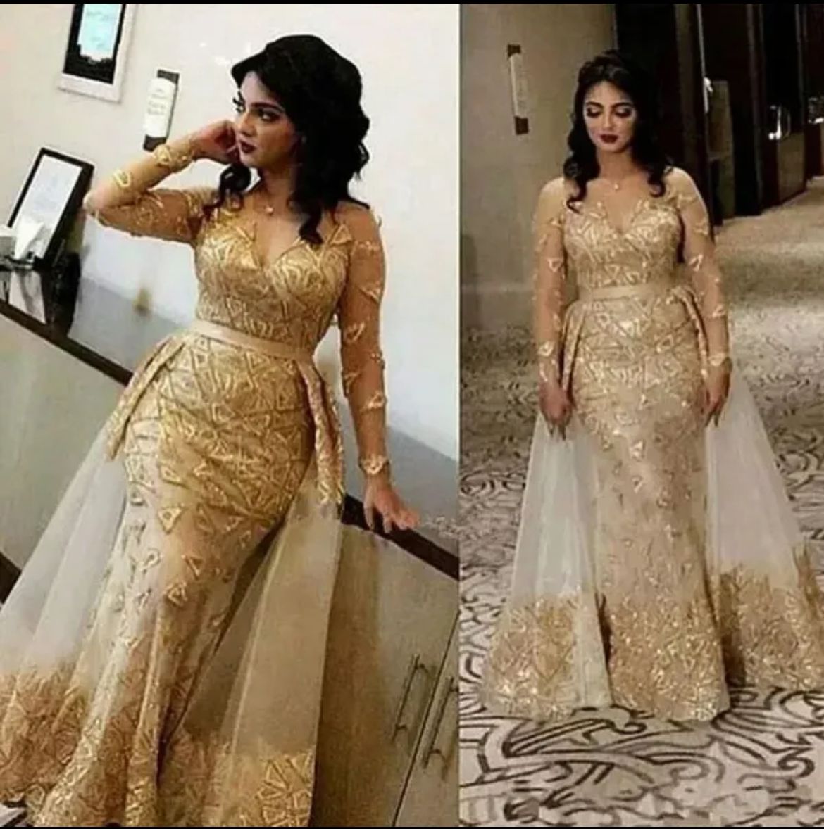 Gold Mermaid Prom Dresses 2025 Lace Full Sleeves Detachable Train Evening Formal Party Second Birthday Engagement Gowns Plus Size Dress For Special Oc