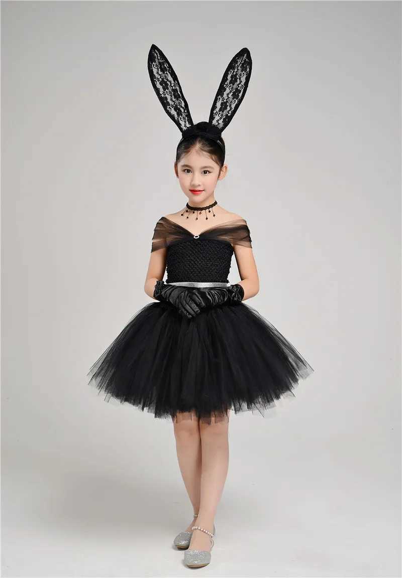 POSH DREAM 4-piece Dress Headband Necklace Gloves Girl Black Princess Tutu Dress Train Gaul Black Girl Halloween Par Dress W250111