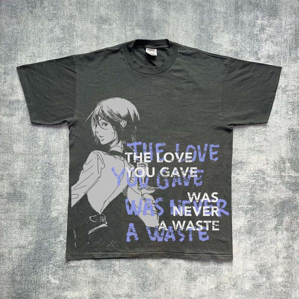 Cartoon anime character letter printed short sleeved men's casual loose and versatile trendy brand white T-shirt ins half cut sleeve