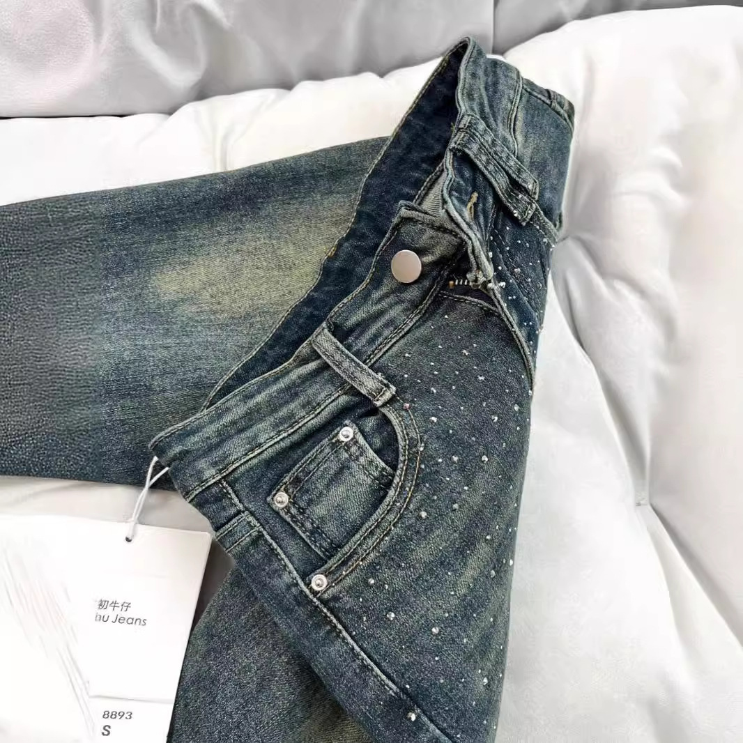 2025S designer micro jeans for women in spring washed worn slim fit flared and floor length pants