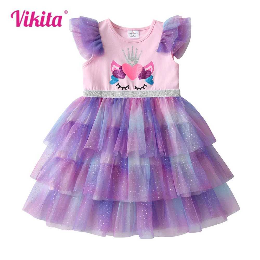 VIKITA girls printed dress childrens summer flame sleeve dress girls layered mesh chiffon Tutu Par dress childrens clothing W250111