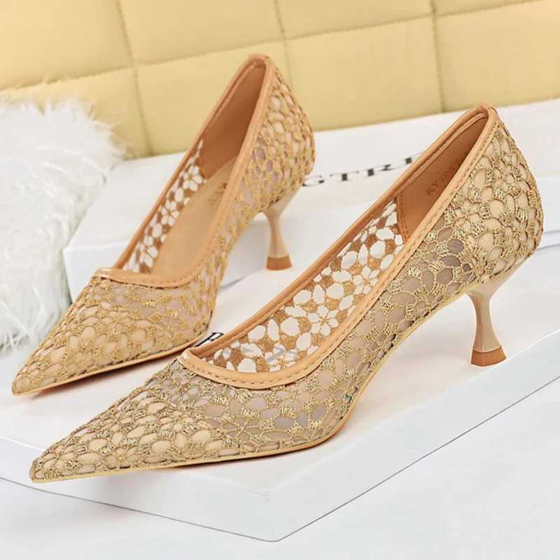New Arrival BIGTREE shoes mesh cut lace womens pump shoes sexy ping pong shoes slim high heels fAshionable womens shoes Plus size 43 sandals T250110