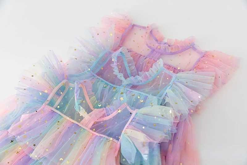 2023 Summer New Girl Par Dress Rainbow Glitter Birthday Princess Costume Childrens Holiday Beach Bathing Net Cake Costume W250111