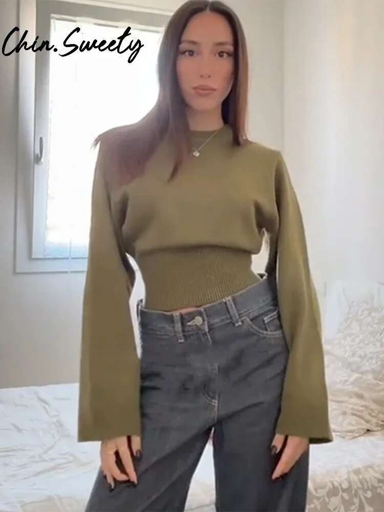 Women's Solid Knitted Crop Sweater Y2k O-Neck Long Sleeve Pleated Female Short Pullover 2025 Spring Lady All-Match Knitwear