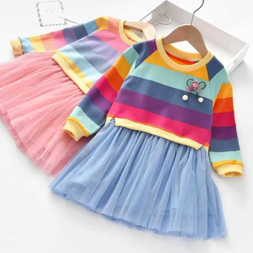 Baby girl dress princess autumn sweater wool Gauze Tutu dress childrens clothing long sleeved rainbow striped dress W250111
