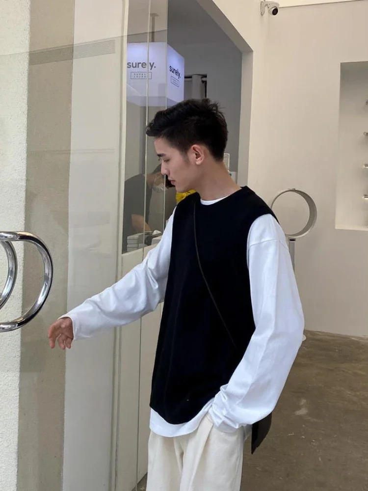 Knitted Sweaters for Men Crewneck Sleeveless Man Clothes Vest Solid Color Plain Round Collar Waistcoat Fleeced Plus Size Warm X 250107