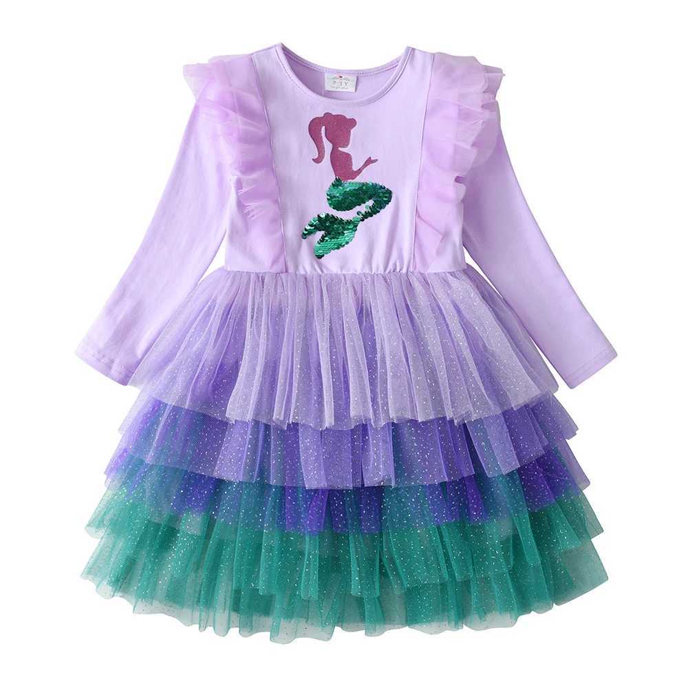 DXTON 2024 Girl Winter Childrens Birthday Par Clothing Mermaid sequin Princess Tutu Dress Patch Work Preschool Mesh Dress W250111