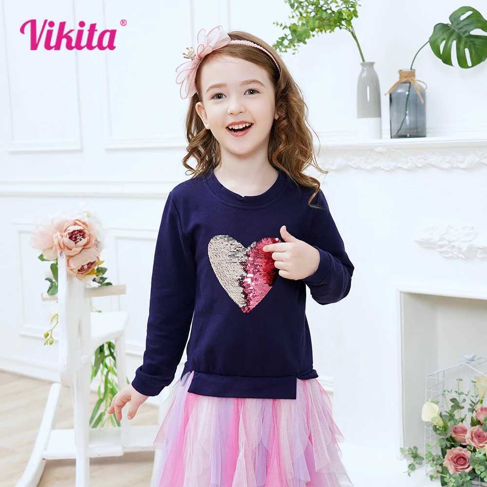 VIKITA girls sweater childrens heart-shaped Flipable sequin application patch work clothes girls chiffon mesh layered Tutu dress W250111