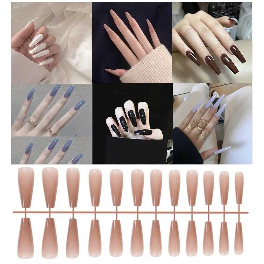 24Pcs Solid Color Fake Nails Bright Long Ballet False Nails Detachable Wearable Full Cover Manicure Press-on Nails for Women NewXJ250110