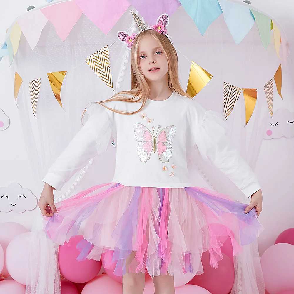DXTON autumn sweater girl dress chiffon ruffled princess dress butterfly sequin patch work childrens dress childrens thick clothes W250111