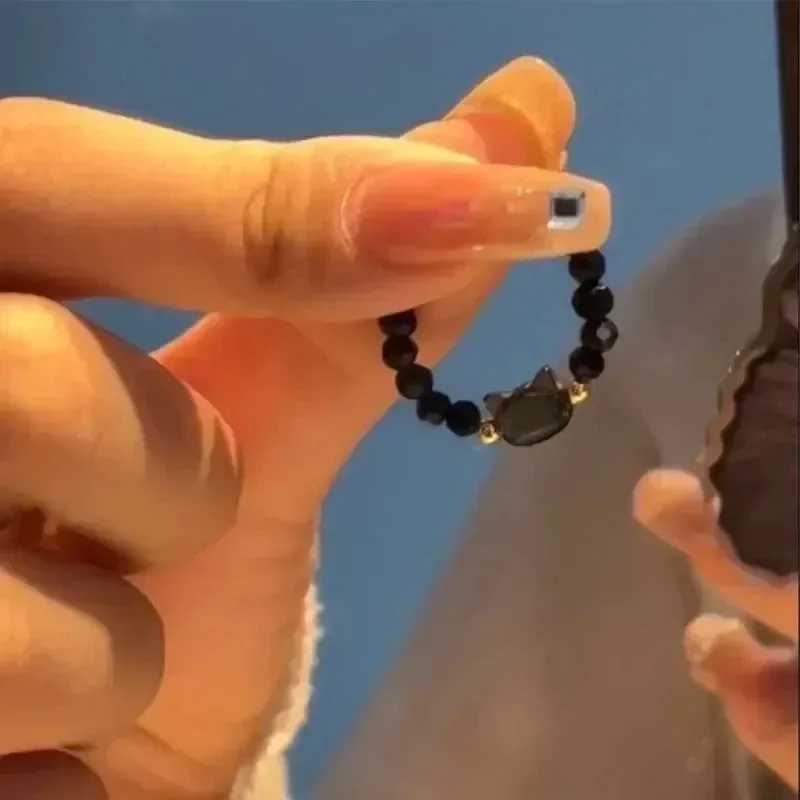 2 pieces of natural moonstone obsidian ring beads minimalist violin ring cute black and white cat ring womens party accessories jewelry W250111