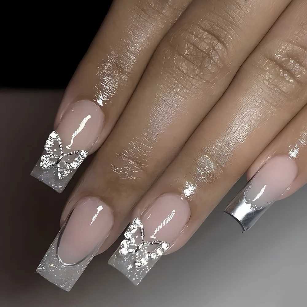 24pcs French Ballerina False Nails with 3D Butterfly Design Short Coffin Fake Nails Full Cover Acrylic Nail Tips Press On NailsXJ250110