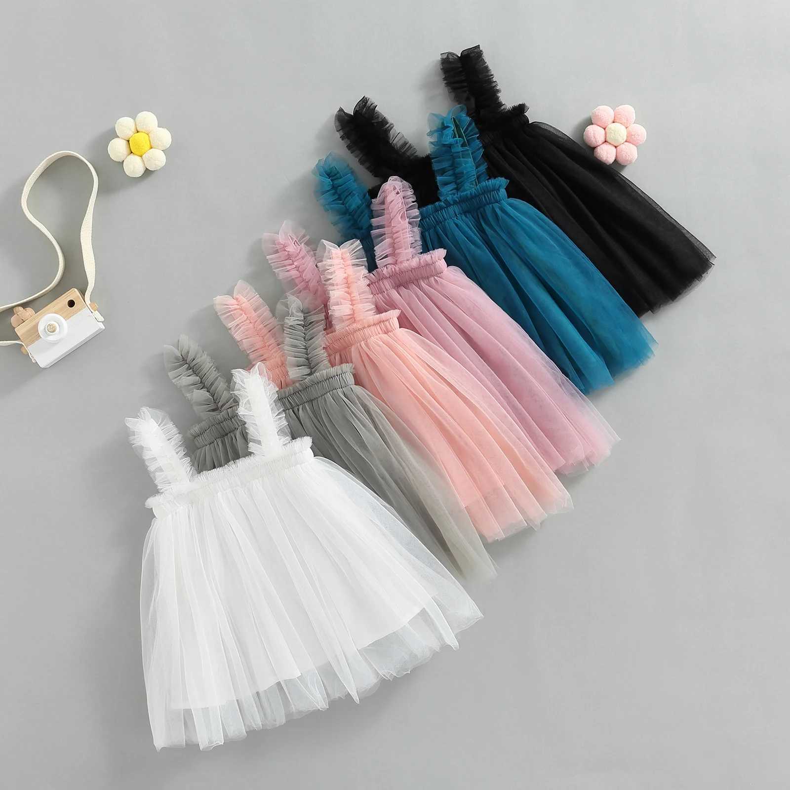 Childrens baby girl mesh chiffon dress sleeveless pleated solid summer dress used for Par stage show 6M-5T W250111