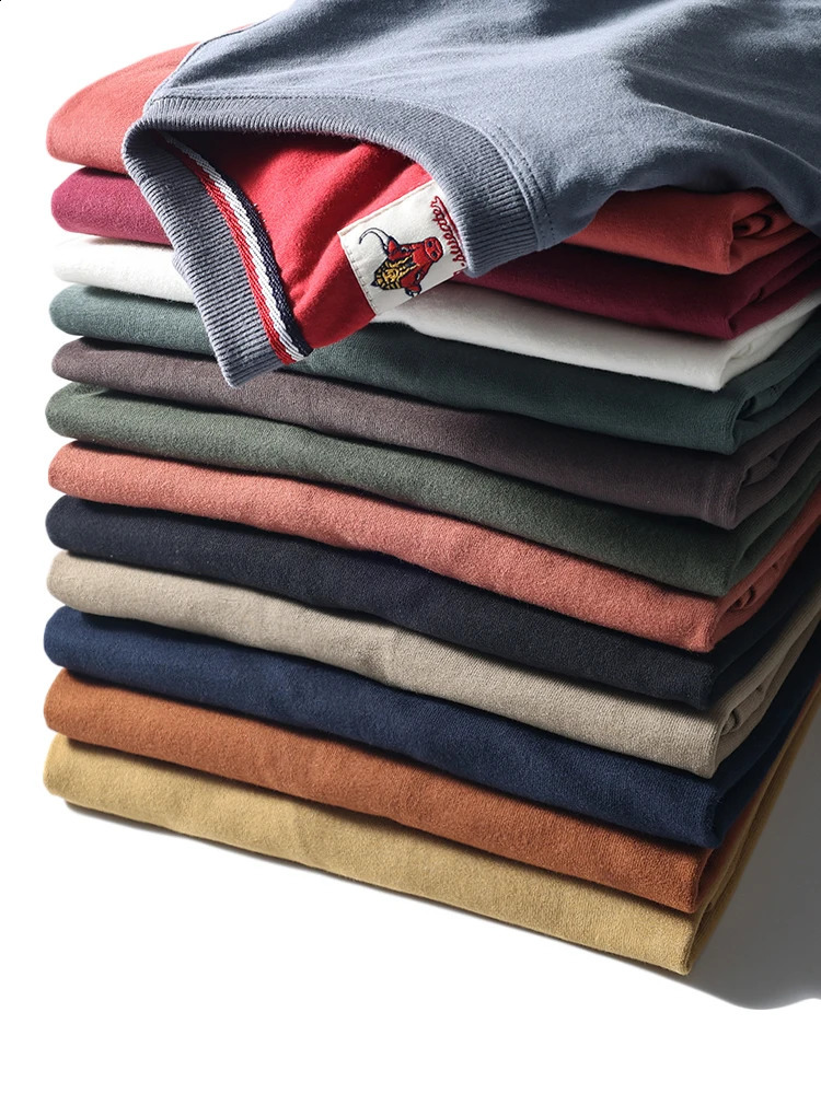 Summer American Retro Short Sleeve Oneck Solid Color Tshirt Mens Fashion 100% Cotton Washed Casual Terry Cloth Tops 250108