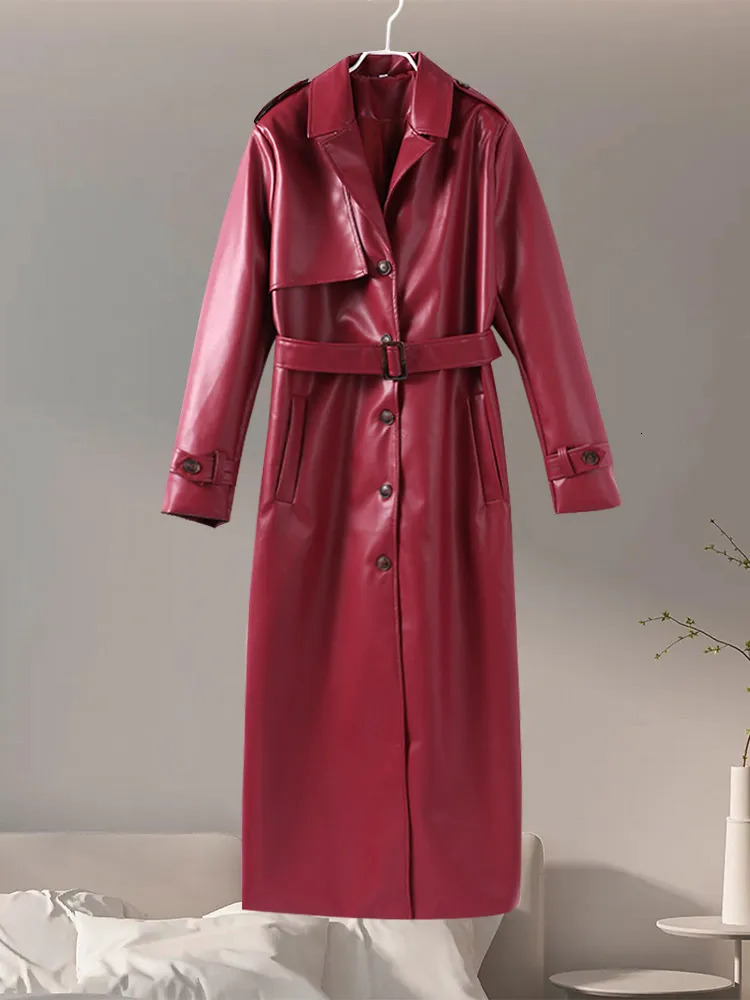 Street Leather Long Jacket Loose Lapel Single Breasted Belt Pu Coats Female 2024 Autumn Sleeves Solid Outwears Lady 250103