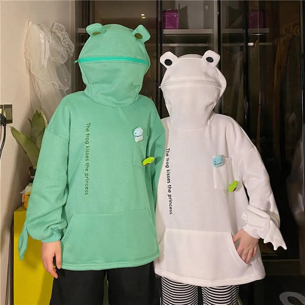 Winter Women Top Cozy Plush Frog Hoodie with Embroidered Letters Big Pocket for Couples Warm Winter Zip-up Jacket for Outdoor 250106