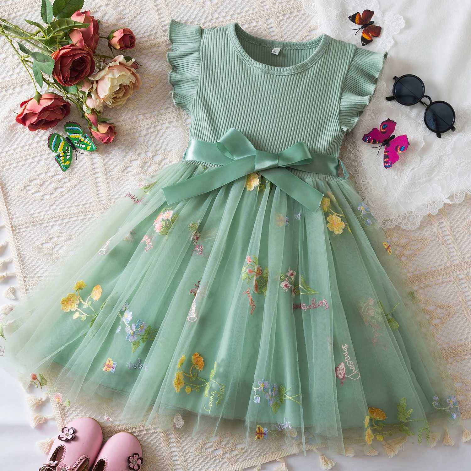 Cute Baby Girl Embroidered Flower Dress Princess Par Tulle Flower Dress Preschool Baby Girl Mesh Tutu Dress 1-5 Years Clothing W250111