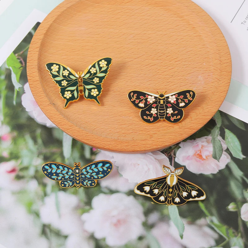 Butterflys Moth Hard Enamel Pins Custom Lily of the Valley Vine Brooches Lapel Badge Black Insect Plant Jewelry Gift for Friends 250103