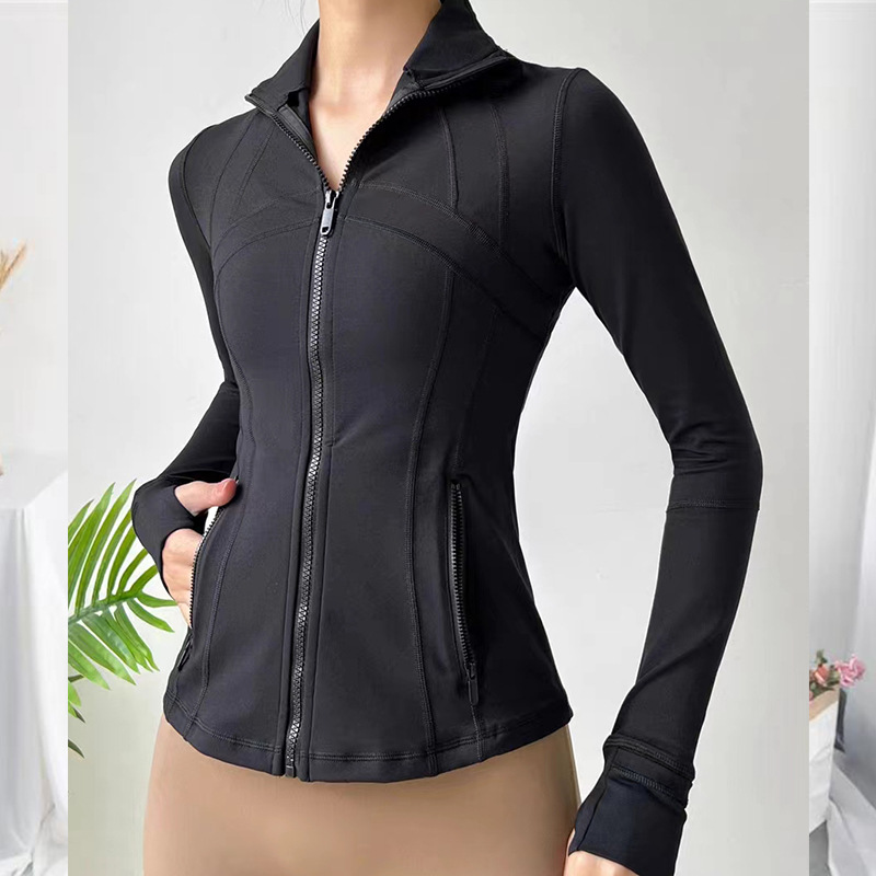 Yoga jacket women's high elasticity slim fit fitness zipper sports top versatile outdoor stand up collar long sleeved jacket straight leg elastic