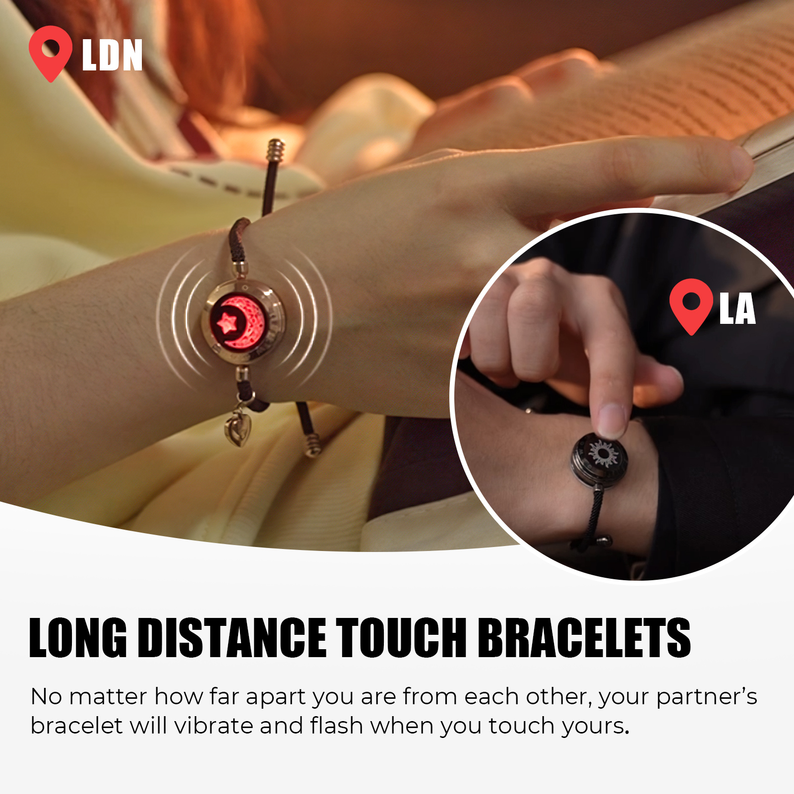 Distance touch Light up&Vibrate Bracelets for Couples, Long Distance Relationship Gifts Smart Sun&Moon Love Bracelet