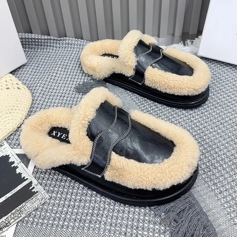 Women Fur Flats Slippers Warm Home Cotton Shoes Winter 2025 Trend Short Plush Slingback Flip Flops Fashion Zapatillas Mujer 250106