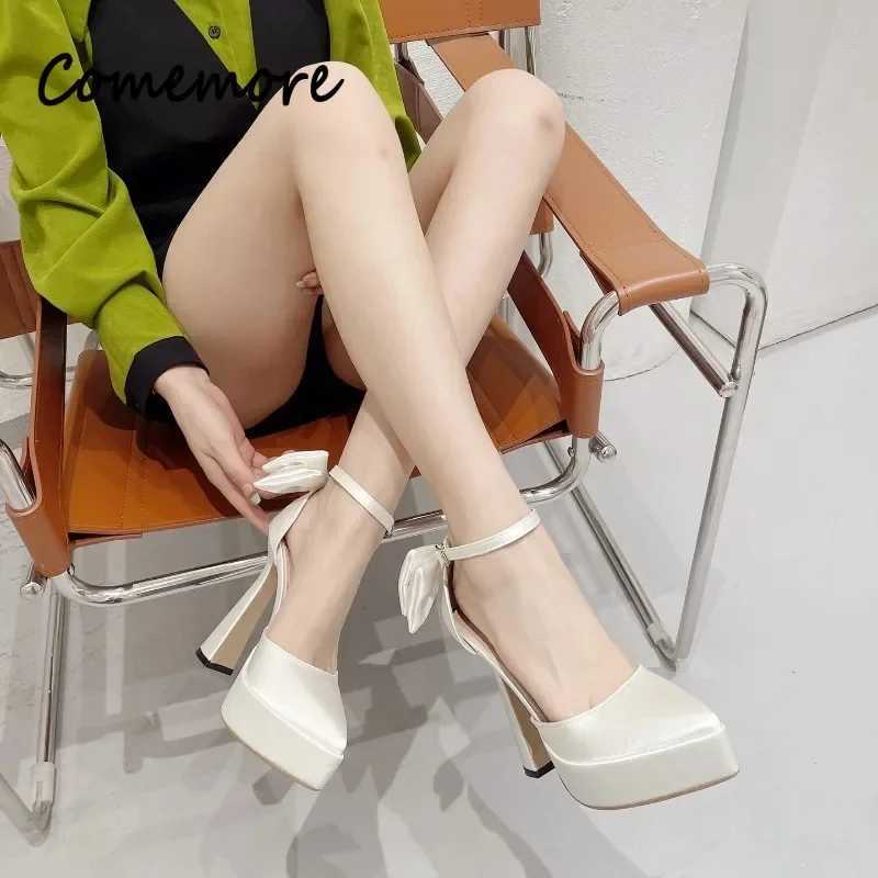 New Arrival Comemore Summer New Fashion Satin Pump High Heels Sandals Bow Buckle Corner Toe Thick High Heels Womens Shoes High Heels T250110