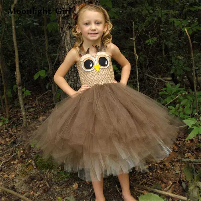 Cute girl coffee owl animal feather Tutu dress children crochet chiffon dress children role-playing bar costume W250111