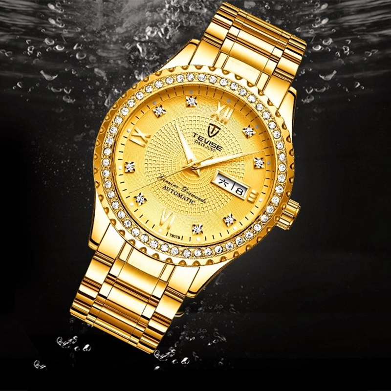 TEVISE Automatic Quartz Watch Designer Diamond-encrusted Waterproof Watch with Day and Date Display for Both Men and Women WristWatch T049-T807B