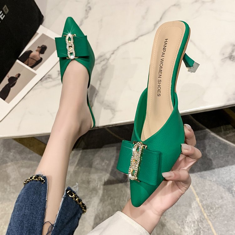 Women Slippers New Fashion hot High Heel Bow Design Versatile Pointed Toe Dia Triple Black Beige Green Free shipping