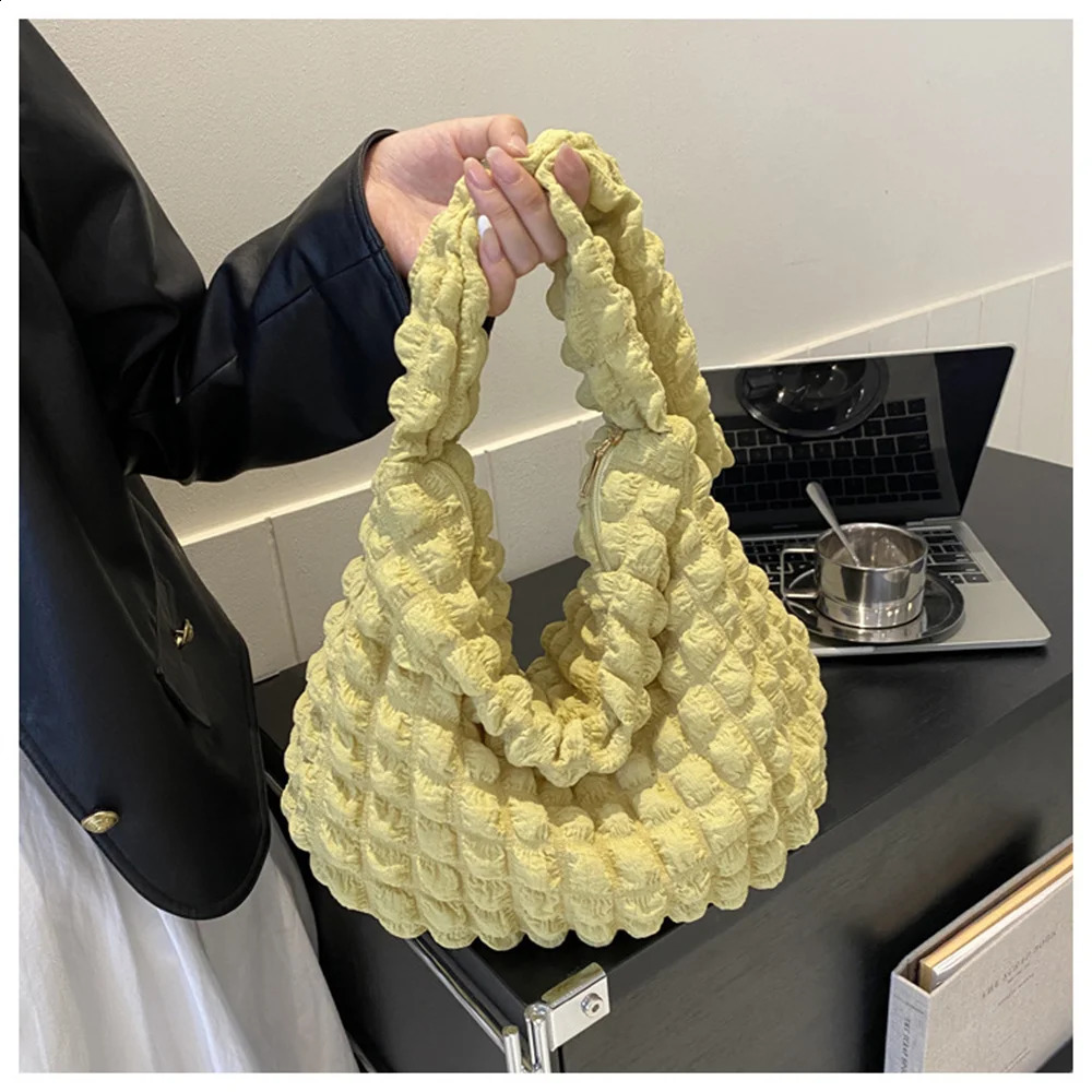 Embroidered Plaid Quilted Crossbody Bag Women Pleated Bubbles Cloud Shoulder Bags Large Tote Bucket Bag Ruched Handbags 250106