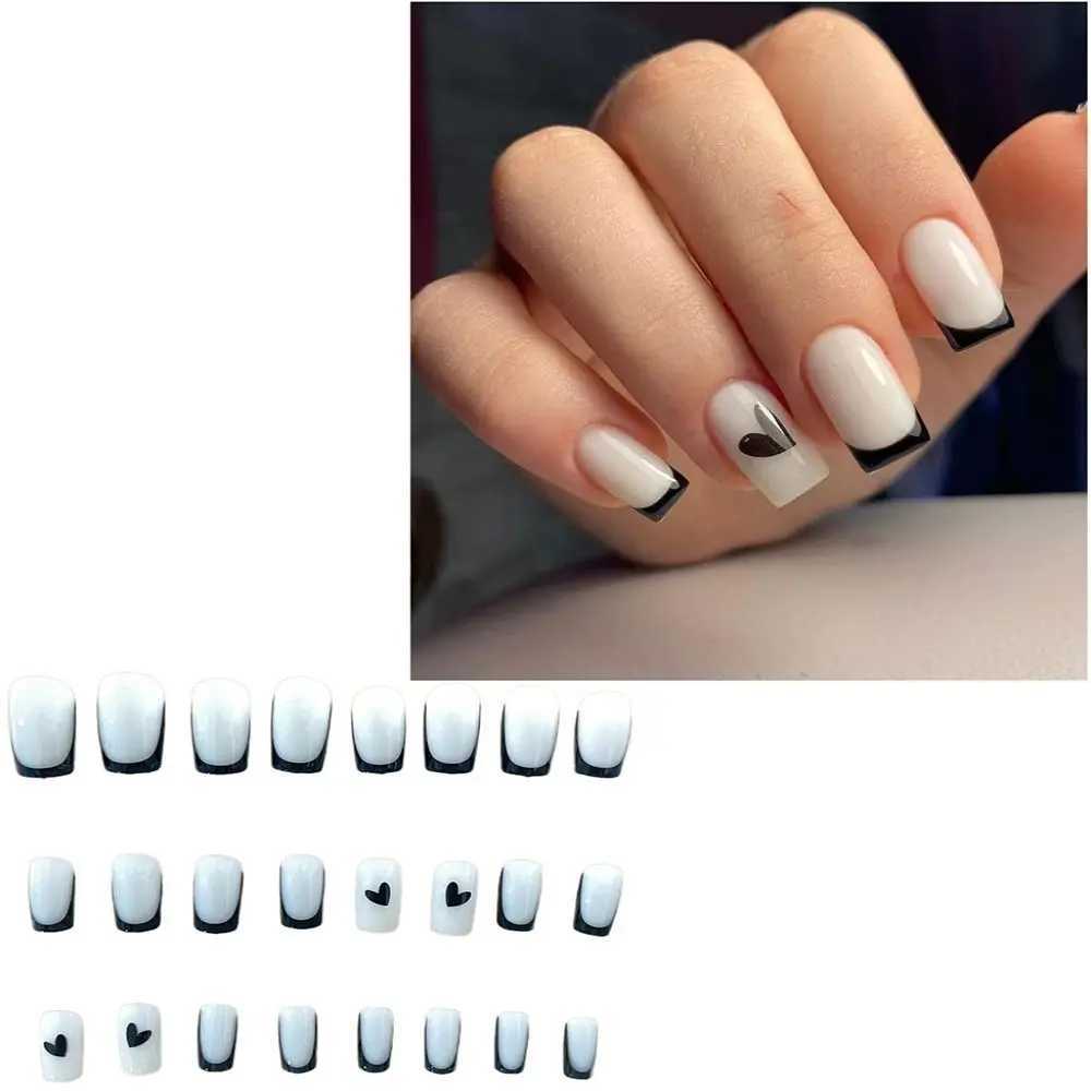 24pcs Detachable Black Line Love Fake Nails Short Length Full Cover Press on Nails Nail Tips GirlXJ250110