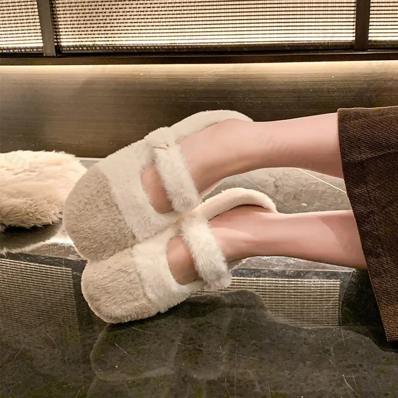Fashion Square Toe Fluffy Ballet Flats Woman 2025 Winter Warm Plush Loafers Ladies Comfort Fur Mary Jane Shoe Zapatos 250106
