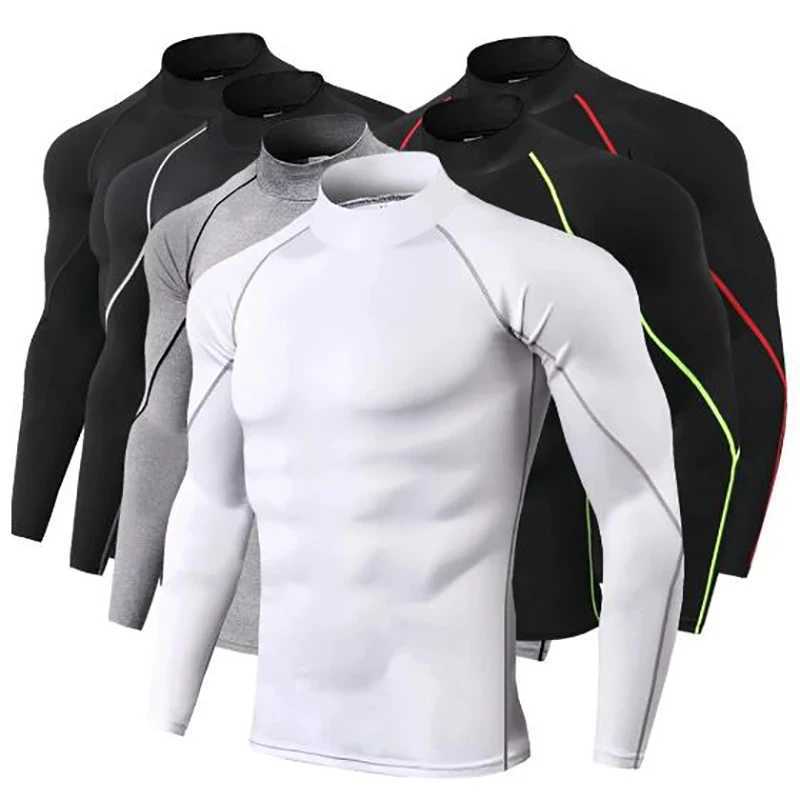 Mens sports T-shirt quick drying and bodybuilding running shirt long sleeved compression top gym T-shirt mens fitness tight fitting Rashgard W250111