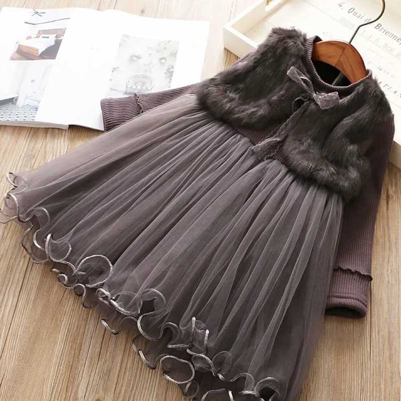 Girls Warm Dress Autumn/Winter Imitation Mink Velvet Dress Mesh Fashion Plus Velvet Warm Integrated Princess Dress W250111