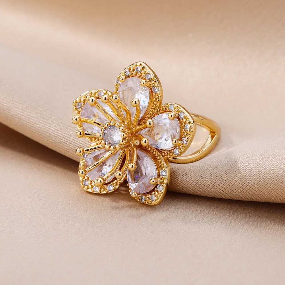 Pink Zircon Flower Rings for Women Gold Color Stainl Steel Ring 2024 Trend Elegant Floral Luxury Aesthetic Jewelry anillosXJ250110