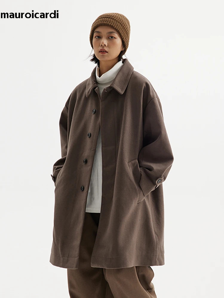 Mauroicardi Autumn Winter Long Warm Thickened Loose Casual Wool Blends Coat Men Single Breasted Japanese Style Fashion 250106