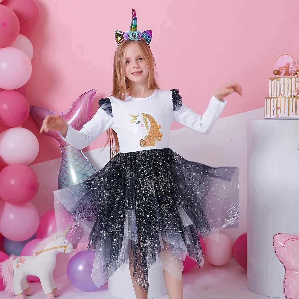 Vegeta childrens unicorn sequin application dress girls flash sleeves autumn spring patch work shiny irregular Tutu princess dress W250111