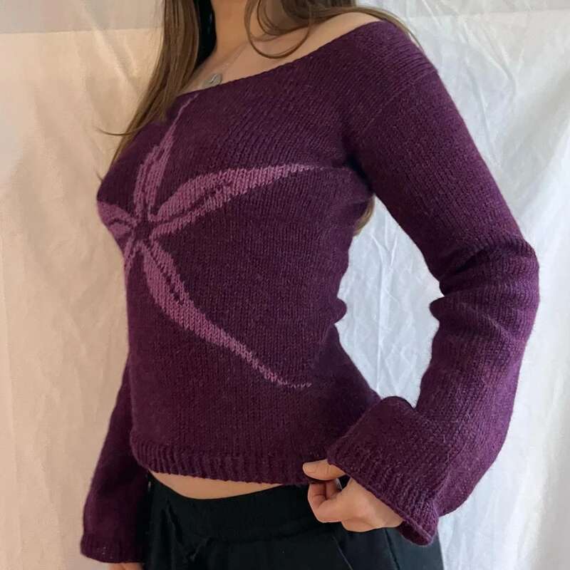 Women Cyber Grunge Slim Fit Pullovers Y2k Jumpers Vintage Off Shoulder Sweater Graphic Print Long Sleeve Knitted Tops Streetwear