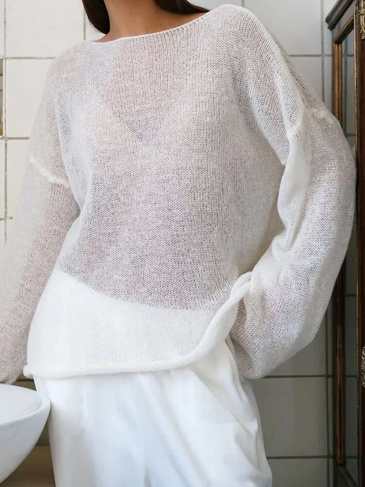 Knitted Round Neck Hollow Women's Summer Fashion Casual Loose Long Sleeve Streetwear Top Pullover