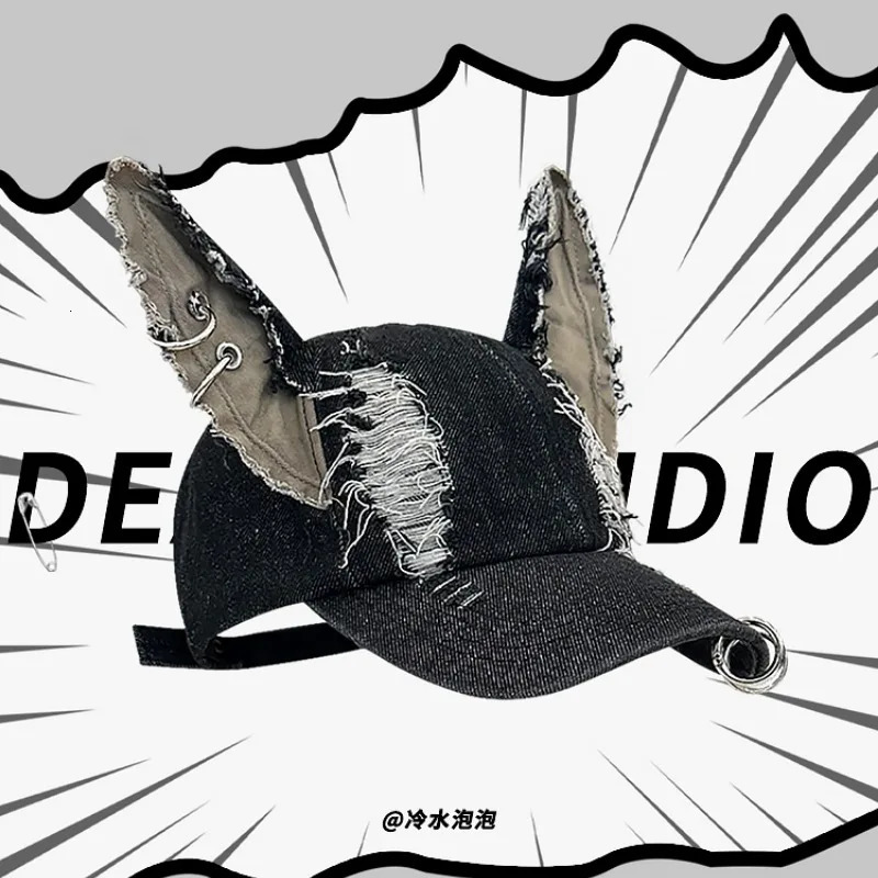 Niche Y2k Dark Punk Style Hoop Pin Rabbit Ears Baseball Cap Men and Women Ripped Street Trend Sunshade Adjustable Hip Hop Hat250108